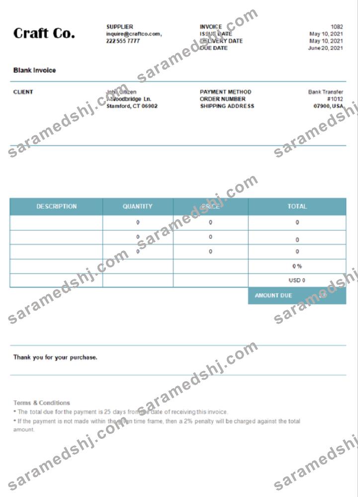 USA Craft Co. invoice